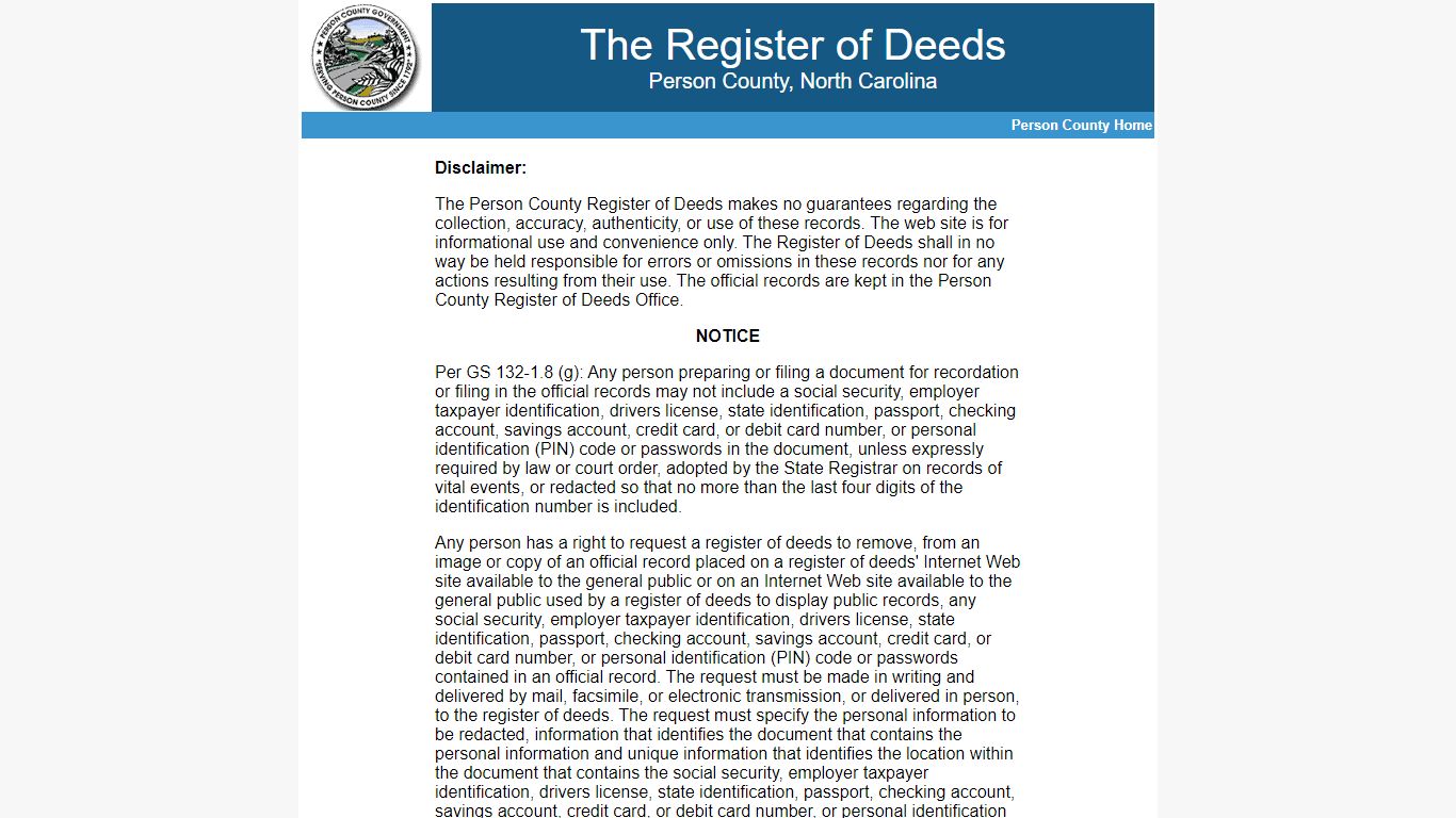 Person County, NC Register Of Deeds