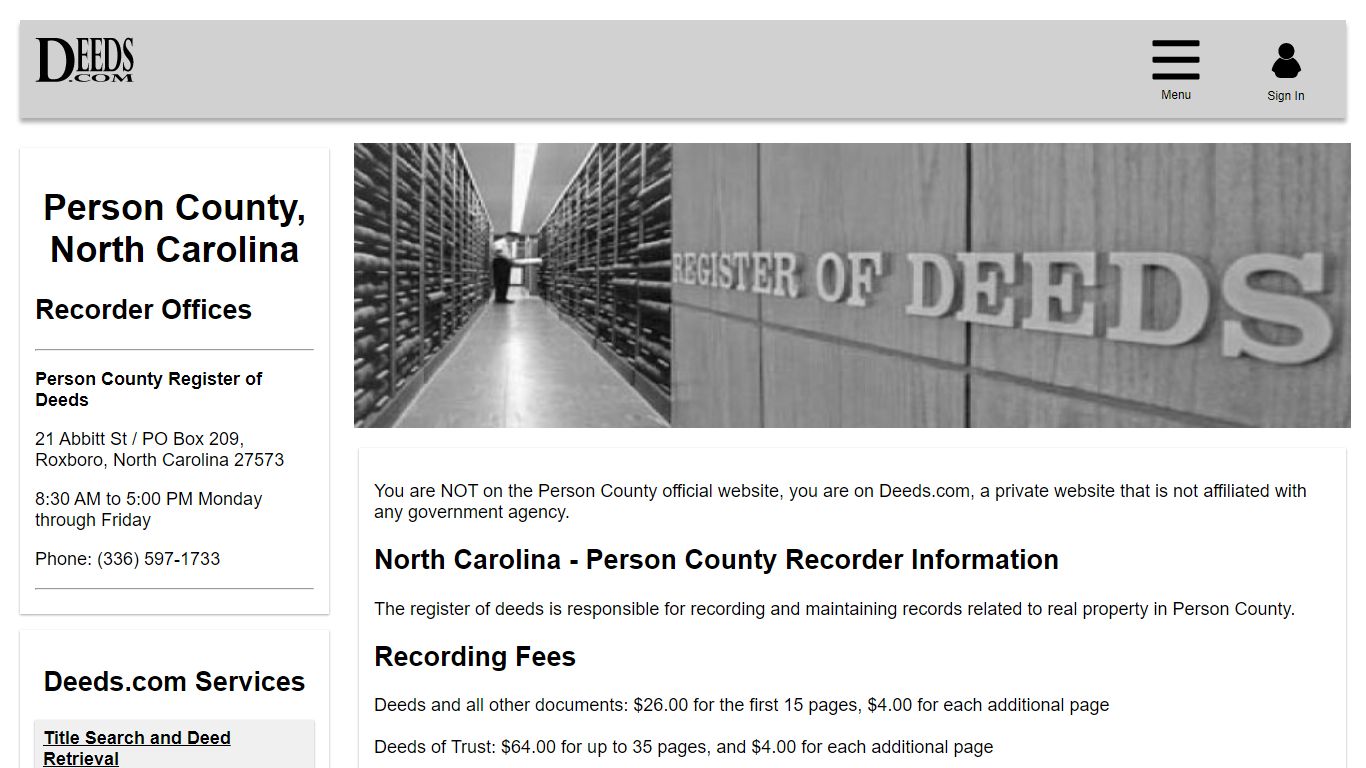 Person County Recorder Information North Carolina - Deeds.com